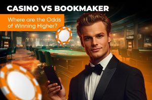 Comparison graphic illustrating the differences between a casino and a bookmaker in gambling contexts.
