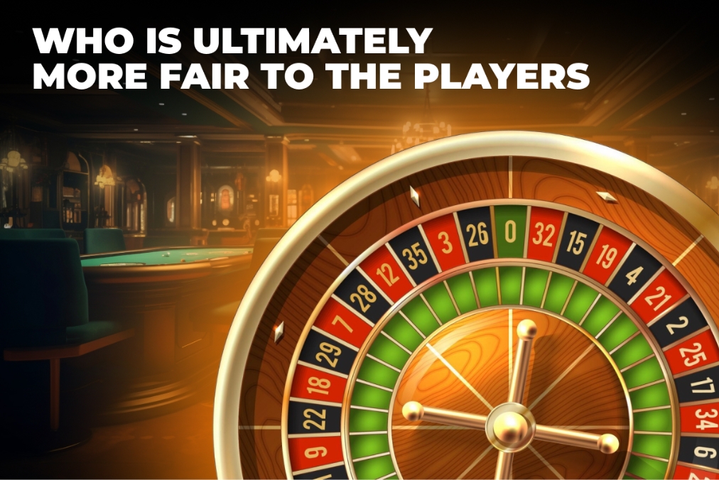 Roulette wheel with the text "Who is ultimate more fair to the players?" highlighted in the center.